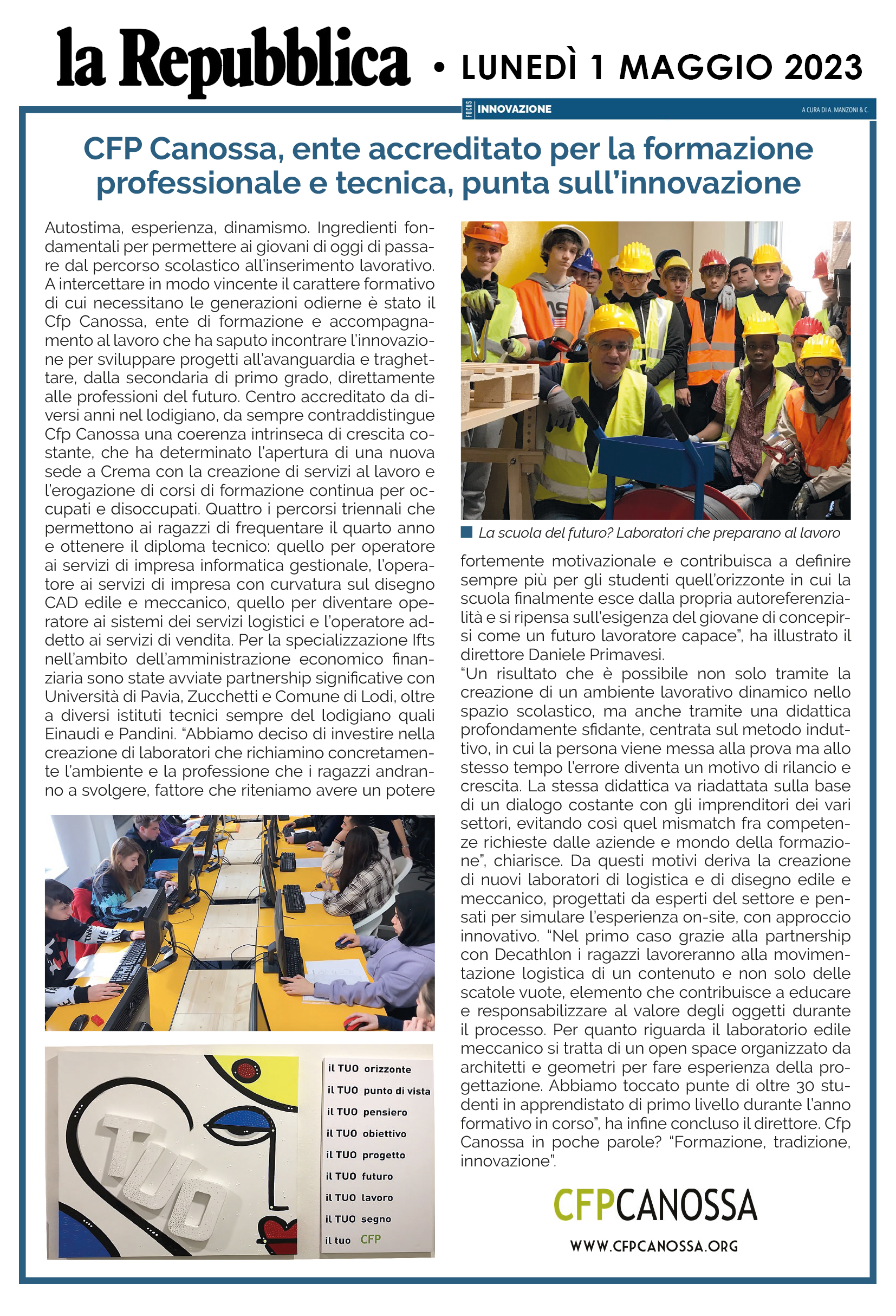La Repubblica<br>Il CFP Canossa punta sull’innovazione